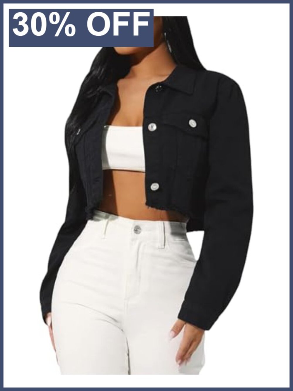Cropped Denim Jean Jacket Long Sleeve Button Down Fitted Crop Coat